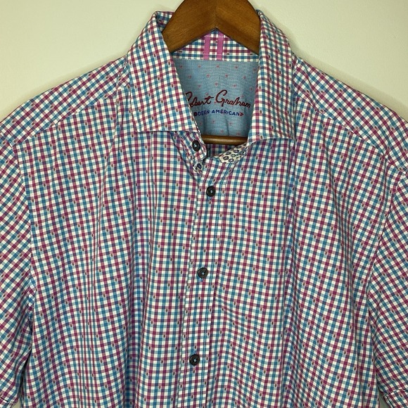 Robert Graham Shirt Men XL‎ Blue Pink Check Button Up Short Sleeve - Picture 2 of 13
